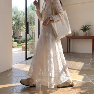 不规则半身裙子 高腰a字半裙中长款 白色蕾丝蛋糕裙女2026新款 春季