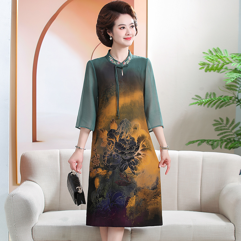 中年妈妈夏装旗袍连衣裙新款40岁50中老年女中袖国风气质裙子口袋