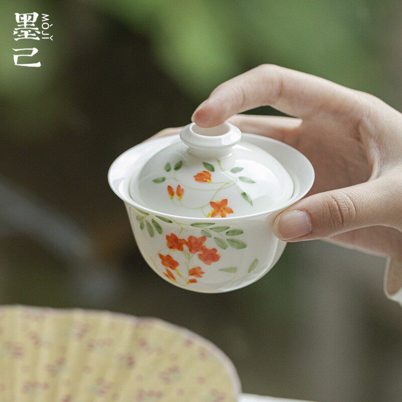 墨己玉泥白瓷手绘盖碗功夫茶具陶瓷泡茶碗家用文人器釉下彩盖碗