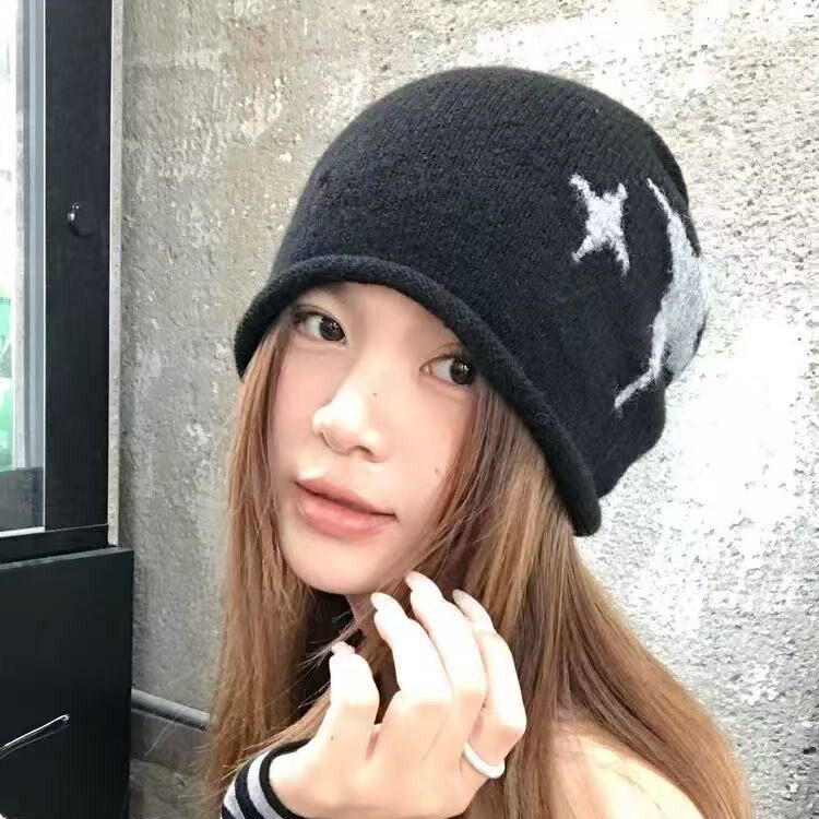 2025新款美式星星抽绳冷帽女复古针织毛线帽显脸小堆堆帽