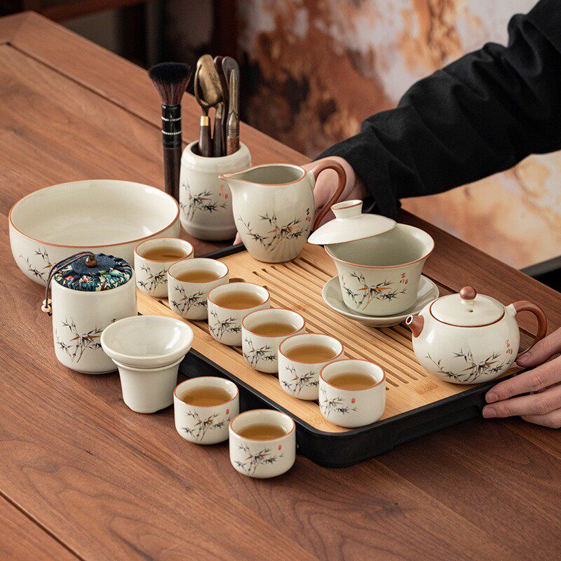 富竹汝窑功夫茶具套装家用2025新款办公室喝茶泡茶盖碗茶壶茶杯子