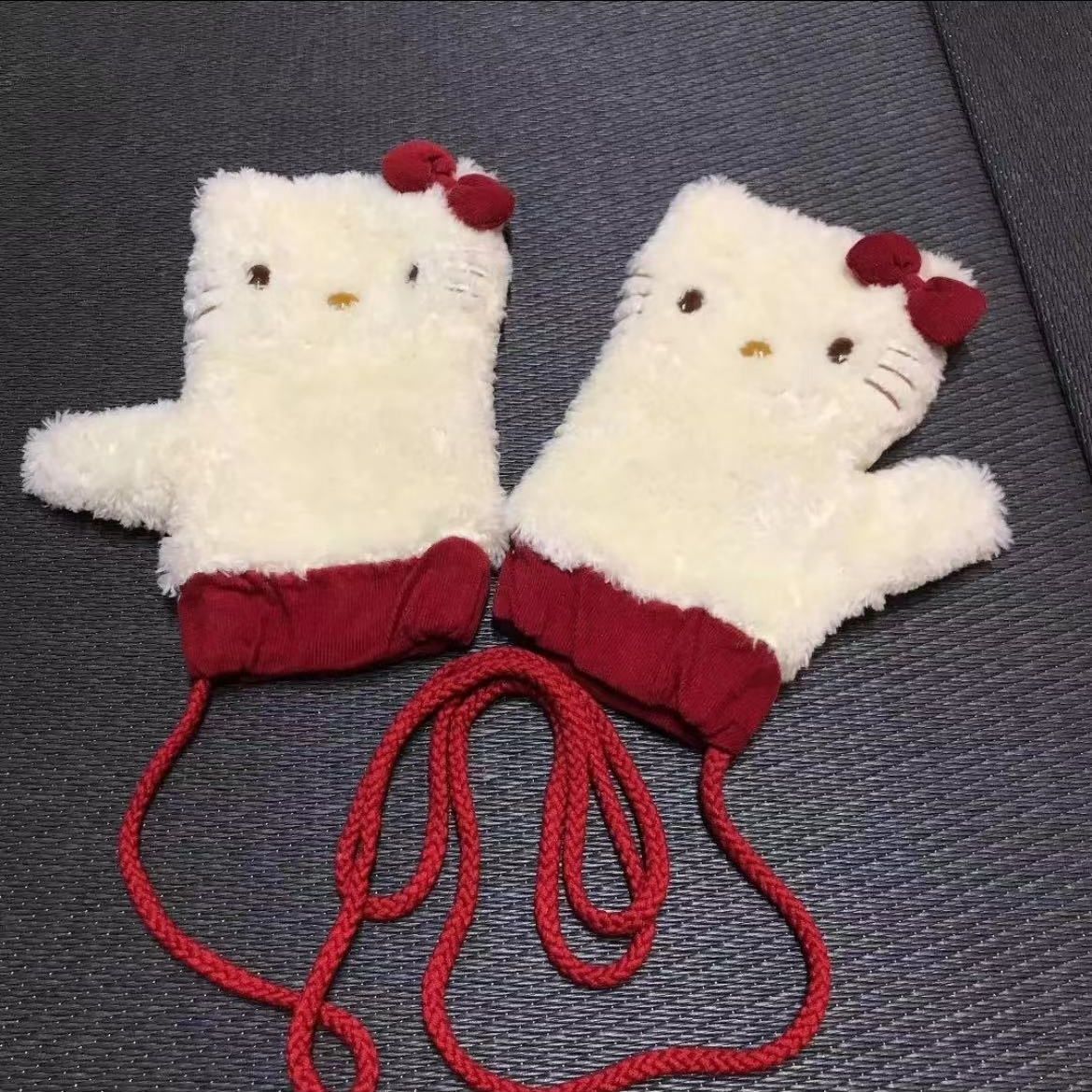 可爱猫糖果色kitty毛绒保暖连指手套秋冬防冻毛绒绒可爱护手套棉