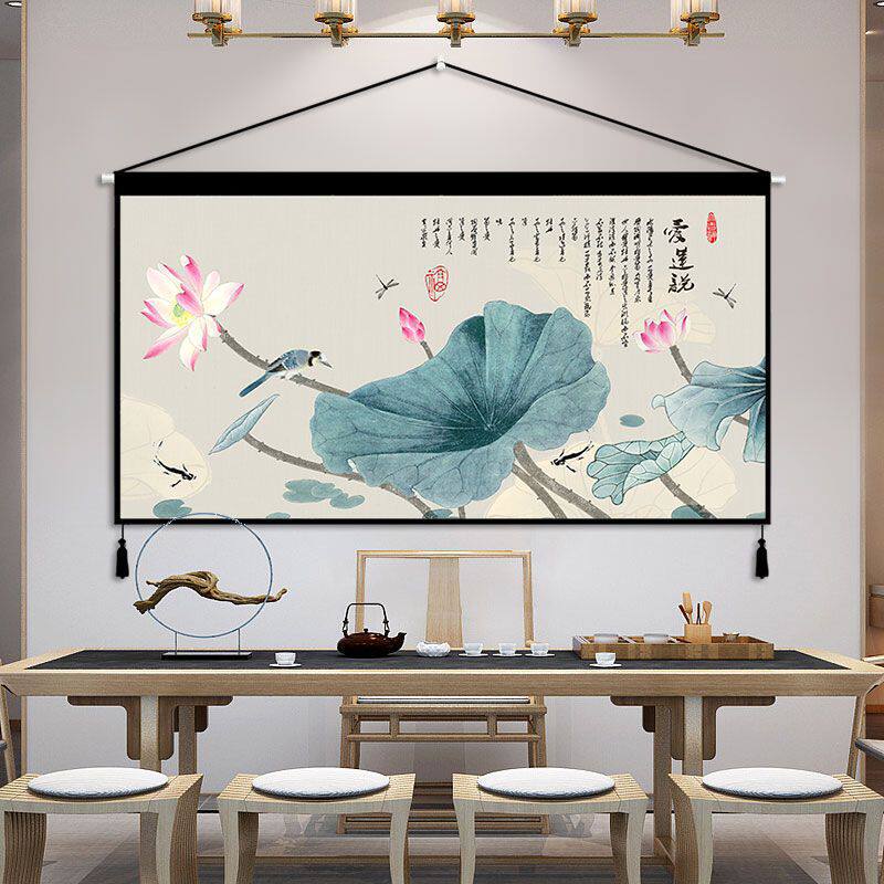中式荷花挂画横版卧室床头装饰画免打孔客厅背景墙壁画挂布背景布