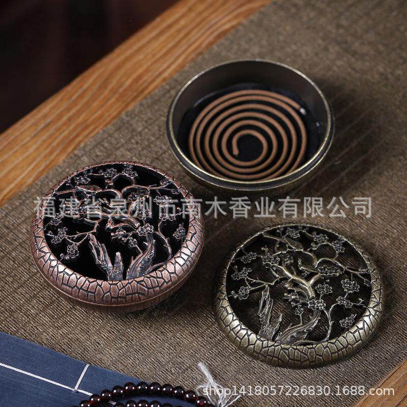 锌合金梅兰竹菊圆形盘香炉四小时镂空盘香盒简易便捷大篆炉