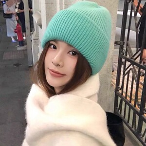Double inin 韩系含兔毛针织帽女秋冬冷帽保暖堆堆帽显脸小包头帽
