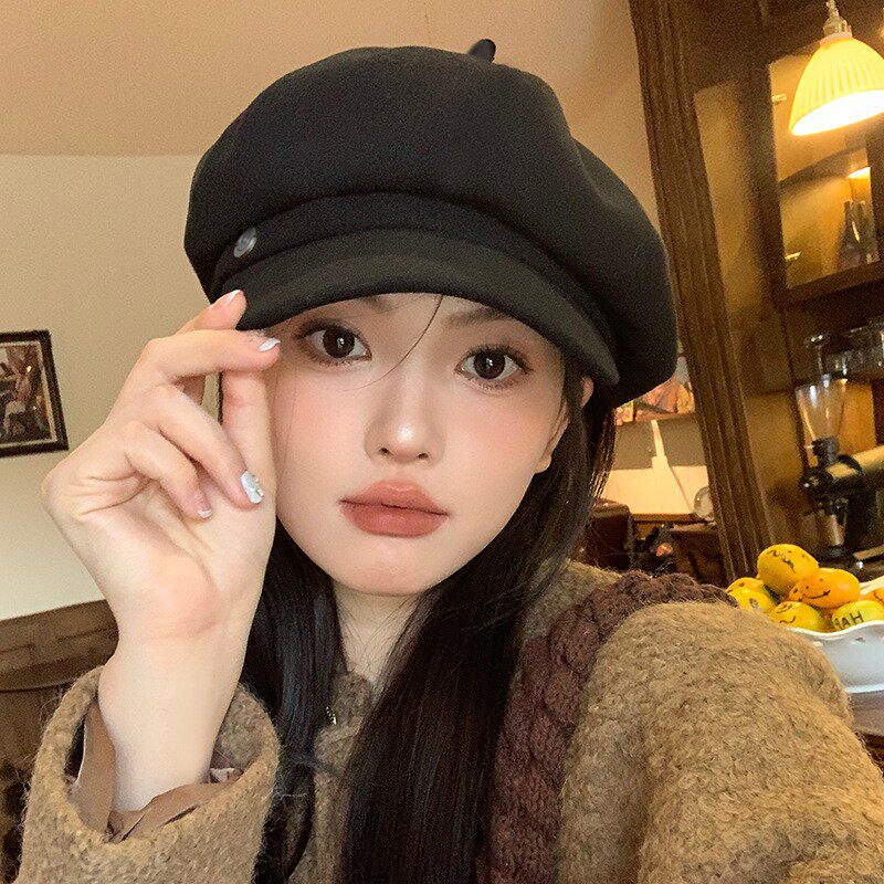 灰色贝雷帽女款新款秋冬大头围羊毛八角蓓蕾帽百搭保暖画家帽