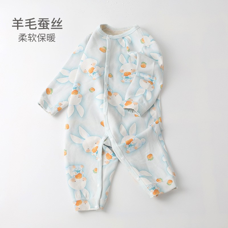 婴儿A类羊毛蚕丝秋冬连体衣男女宝宝夹棉爬服新生儿童保暖哈衣