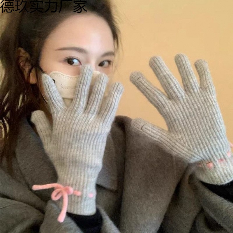 女学生针织蝴蝶结手套女学生可爱韩版色秋冬骑行保暖漏指触屏潮