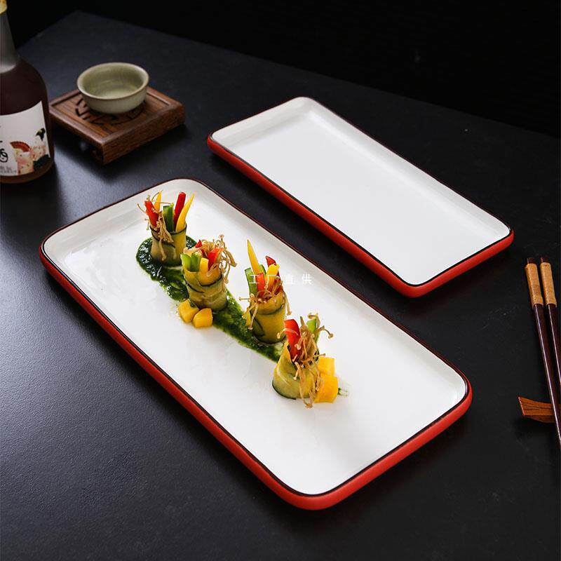 哑光红色酒店餐具餐厅陶瓷创意大长方形盘子意境菜熟食展示盘托盘