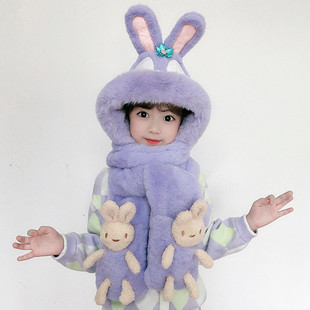 加绒女童可爱兔耳朵围脖一体帽男宝宝 儿童帽子围巾手套三件套冬季