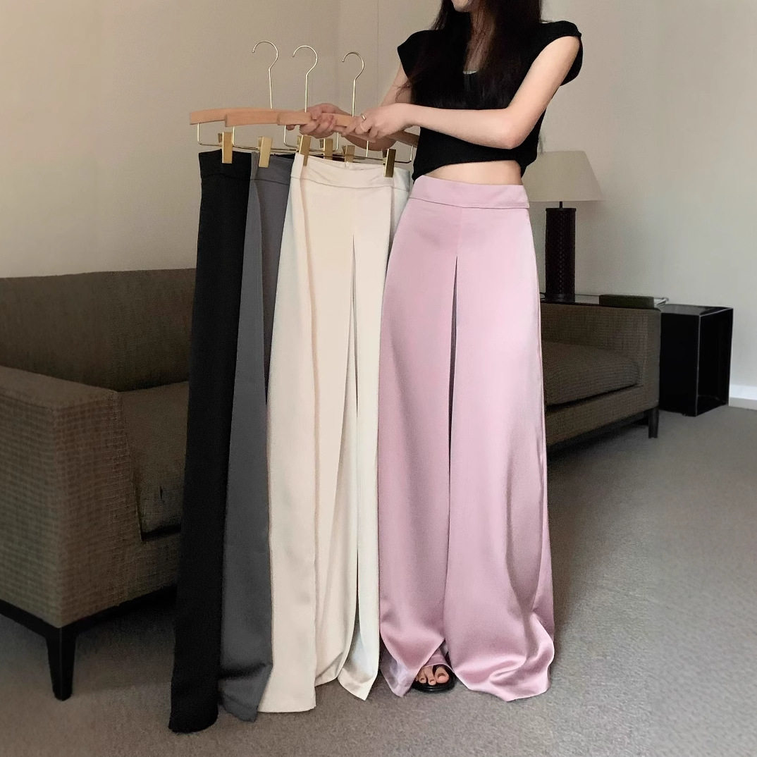 高级感醋酸纯色丝滑缎面垂感休闲阔腿裤2025夏新款高腰长裤拖地裤