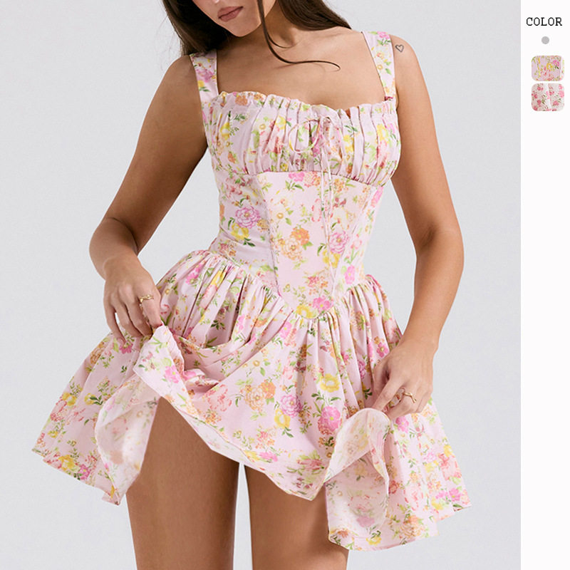 跨境欧美性感夏季连衣裙碎花吊带裙子修身显瘦芭蕾风蓬蓬小裙子