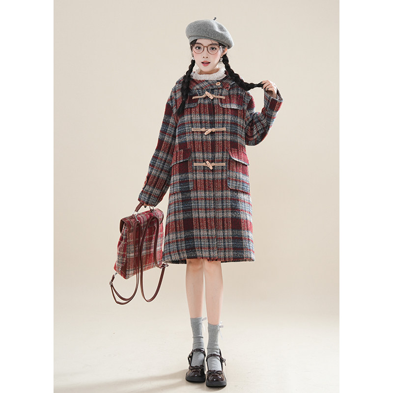 复古连帽牛角扣格纹外套2024秋冬复古学院减龄风休闲松弛感呢大衣,女装/女士精品,毛呢外套,淘宝优惠券,粉丝福利购,淘宝优惠卷