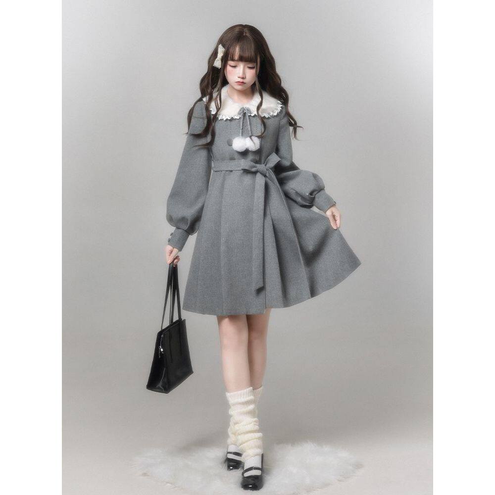 【初遇】灰色格雷系毛球可爱系秋冬连衣裙大衣日系漫画感甜美女款