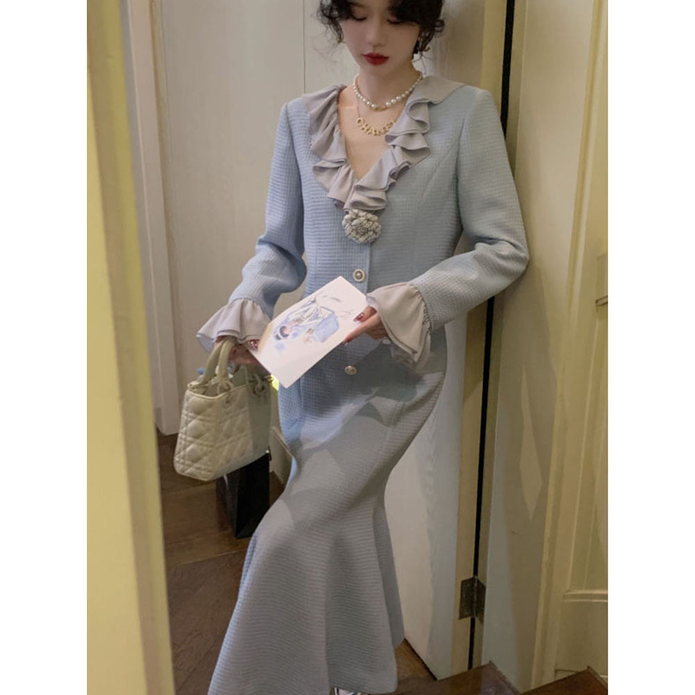 温柔爱神 早春miu系甜妹女神风套装小鱼尾半裙荷叶边上衣两件套女