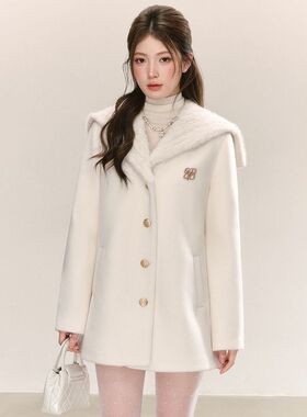 千金感海军领白色毛呢外套秋冬保暖A字系带收腰中长款甜美大衣女~