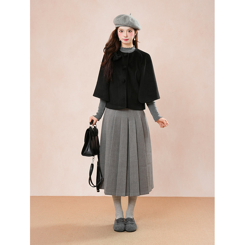 直井怜酱 日系古早斗篷外套+灰色百褶裙+木耳边打底上衣三件套女,女装/女士精品,时尚套装,淘宝优惠券,粉丝福利购,淘宝优惠卷