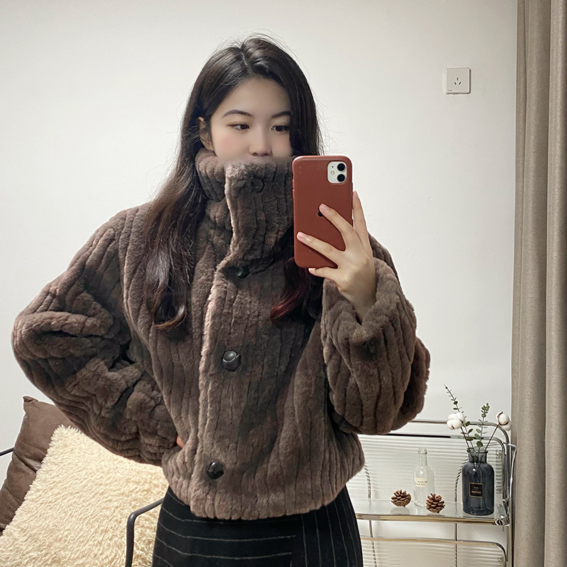 毛绒绒外套女短款秋冬新款加厚简约时尚设计感立领保暖小个子上衣