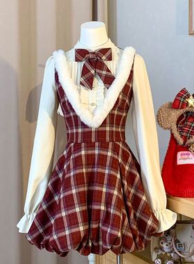 新年氛围感甜美减龄假两件连衣裙拼接毛毛边红色格纹花苞收腰短裙