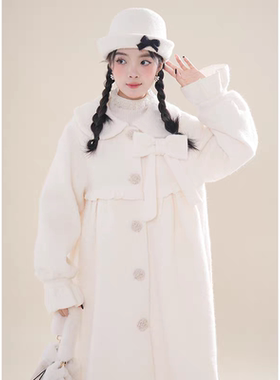 软妹蝴蝶结娃娃领白色毛呢大衣冬甜美少女日系学院风可爱加厚外套
