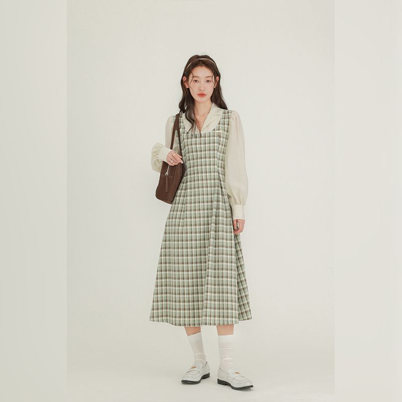 法式复古宫廷风格子连衣裙女秋季2023新款气质显瘦假两件衬衫裙子