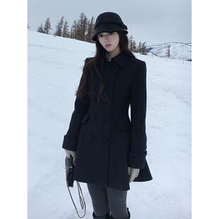 厚黑美学 秋冬季韩系高智千金感百搭黑色双排扣翻领收腰毛呢外套
