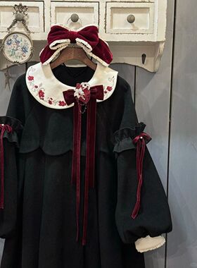 日系黑色Lolita洛丽塔毛呢外套女日系宽松蝴蝶结可爱氛围感大衣冬