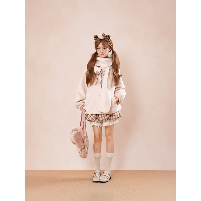 粉绒学院 甜美可爱围巾连帽毛呢外套+格子蕾丝拼接短裙套装两件套,女装/女士精品,时尚套装,淘宝优惠券,粉丝福利购,淘宝优惠卷