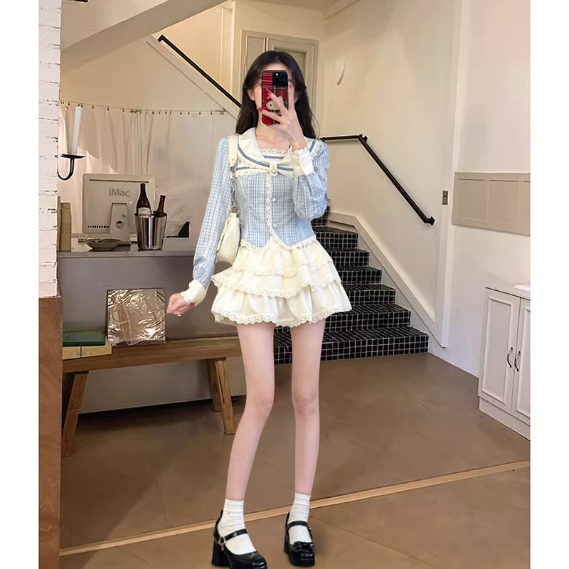 【云端少女】美式复古学院风蓝白初春温柔绝美收腰显瘦JK制服套装