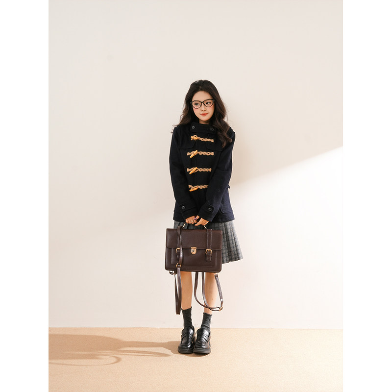 【休闲学院】2025秋冬新款牛角扣大衣高级复古时尚小众连帽外套女,女装/女士精品,毛呢外套,淘宝优惠券,粉丝福利购,淘宝优惠卷