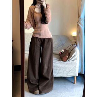 春日桃桃 早春氛围感穿搭纯欲镂空吊带针织开衫百搭长裤温柔套装