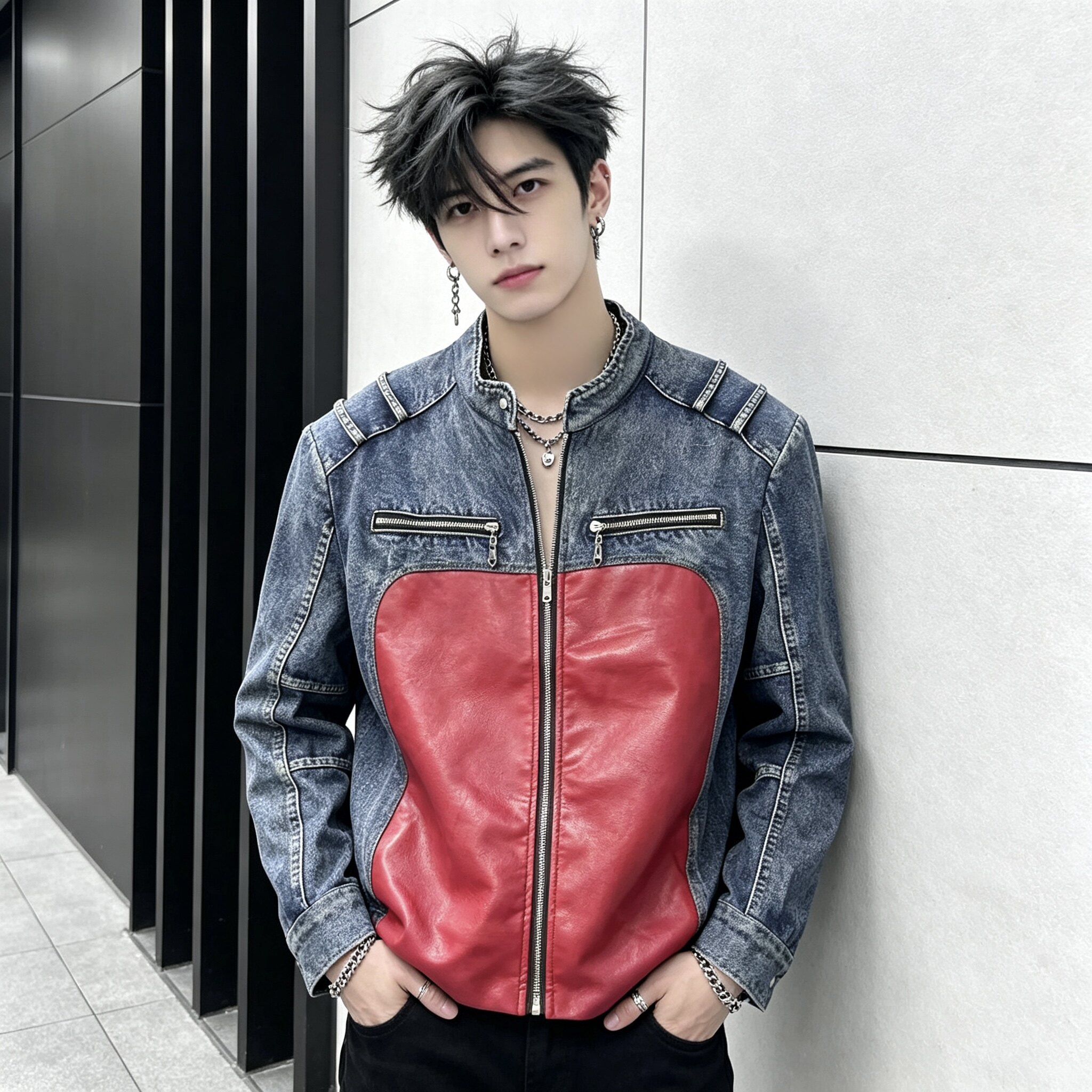 美式复古拼接立领痞帅男士夹克