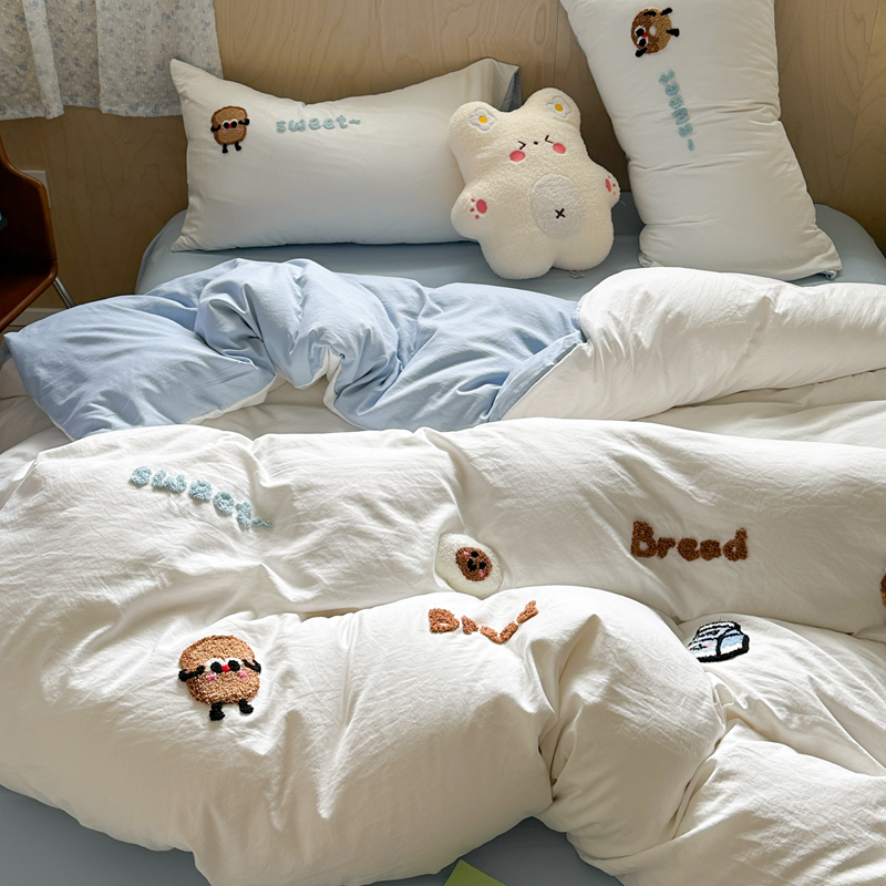 毛巾绣面包100%水洗棉床上用品四件套学生宿舍床单被套被罩三件套