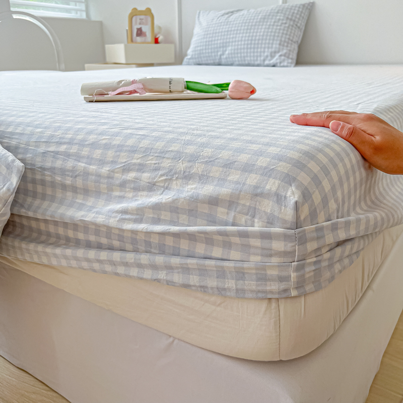 水洗棉格子床笠三件套防滑式床单单件席梦思床垫防尘罩保护套床罩 床上用品 床笠 原图主图