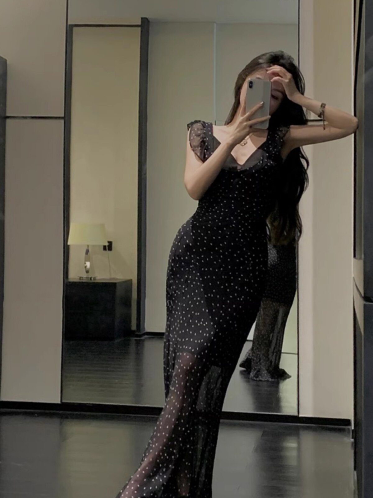 W5182024 레트로 폴카 도트 대비 색 허리 쉬폰 드레스 여성 프랑스 스타일 슬림 피트 작은 플라잉 슬리브 서스펜더 드레스