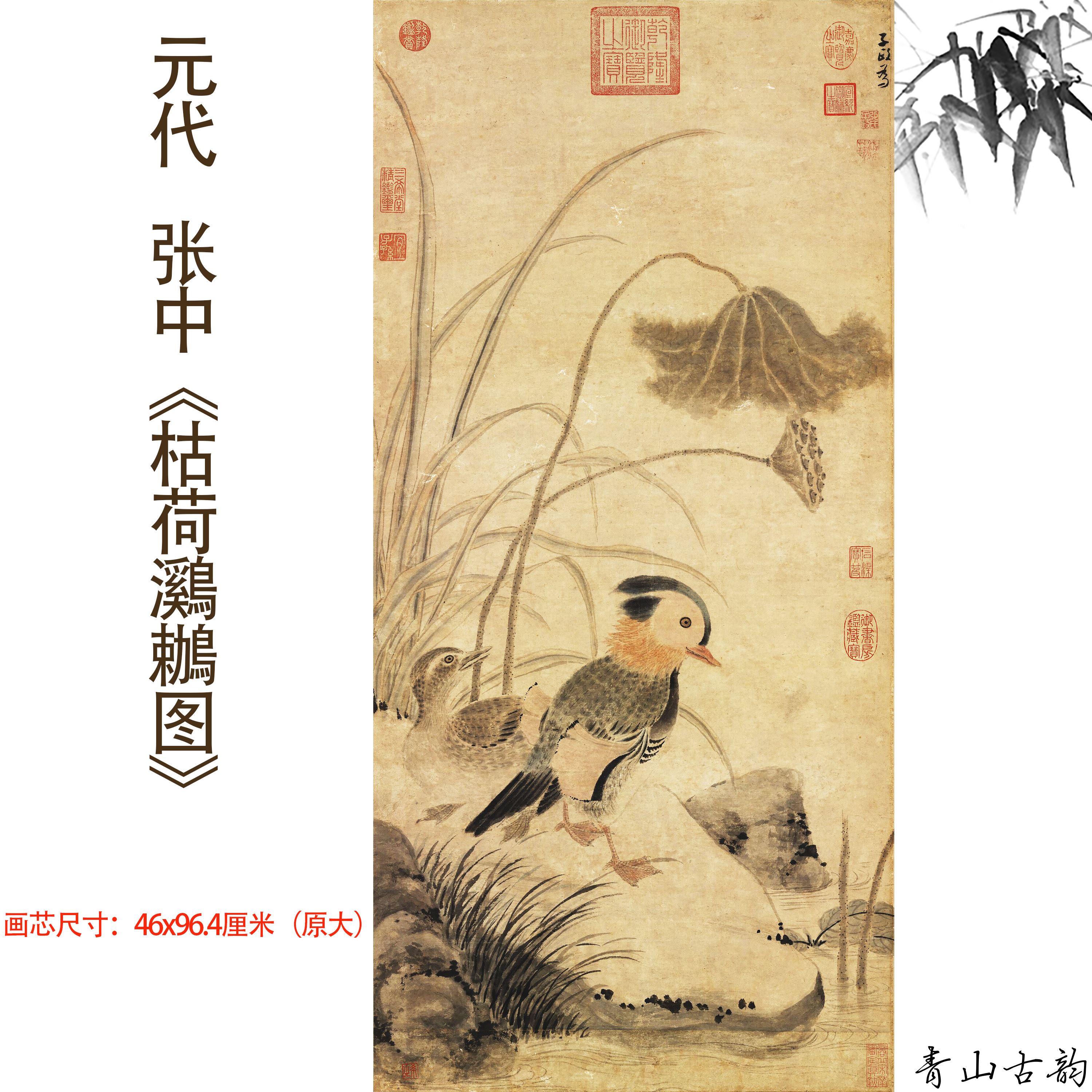 1:1元代张中 枯荷鸂鶒图动物花鸟国画装饰画高清喷绘复制临摹图片