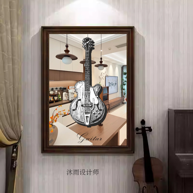 小提琴镜子装饰画复古音乐室教室乐器挂画舞蹈室钢琴房黑白壁画