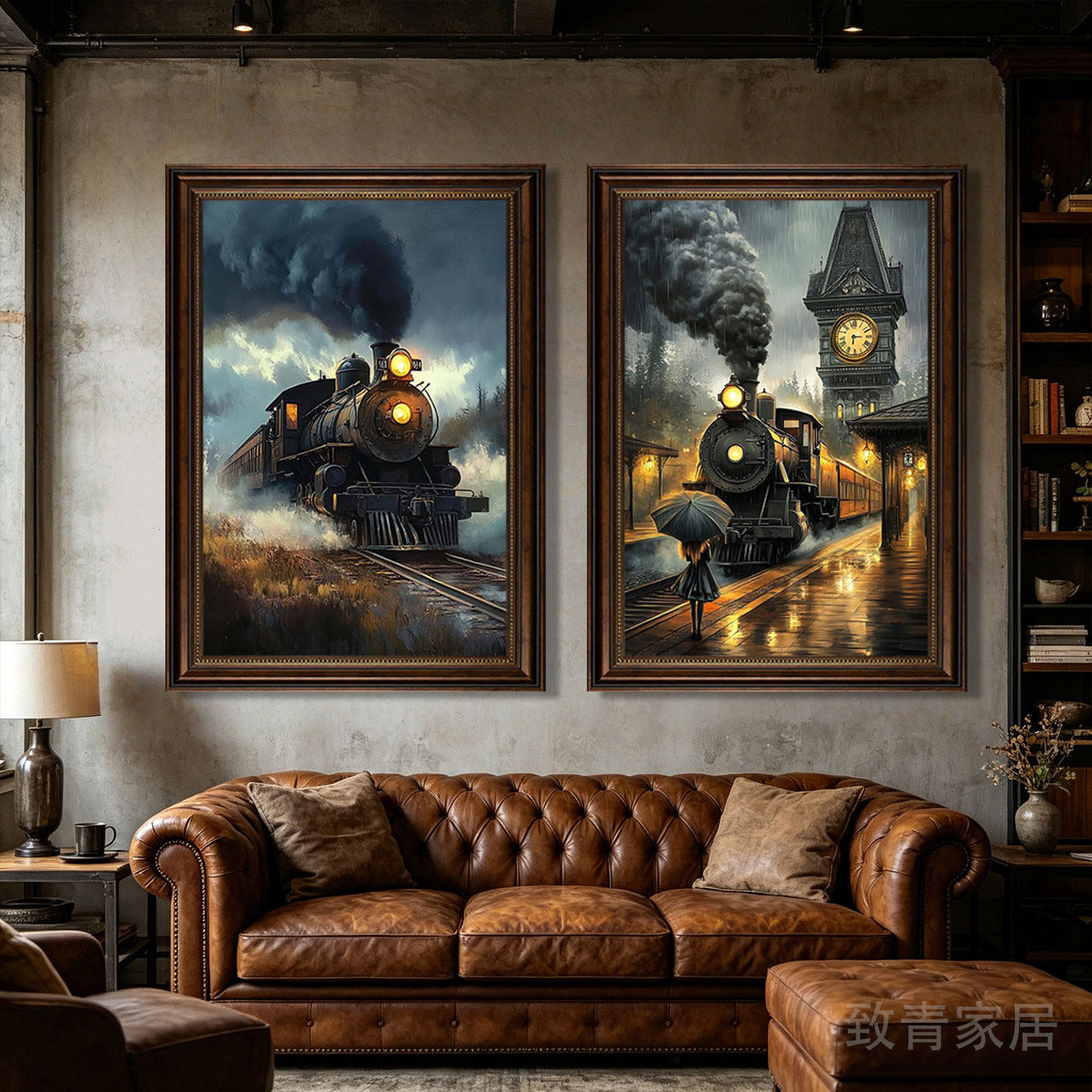复古列车挂画油画风蒸汽火车酒店餐厅咖啡店墙面怀旧民国风装饰画