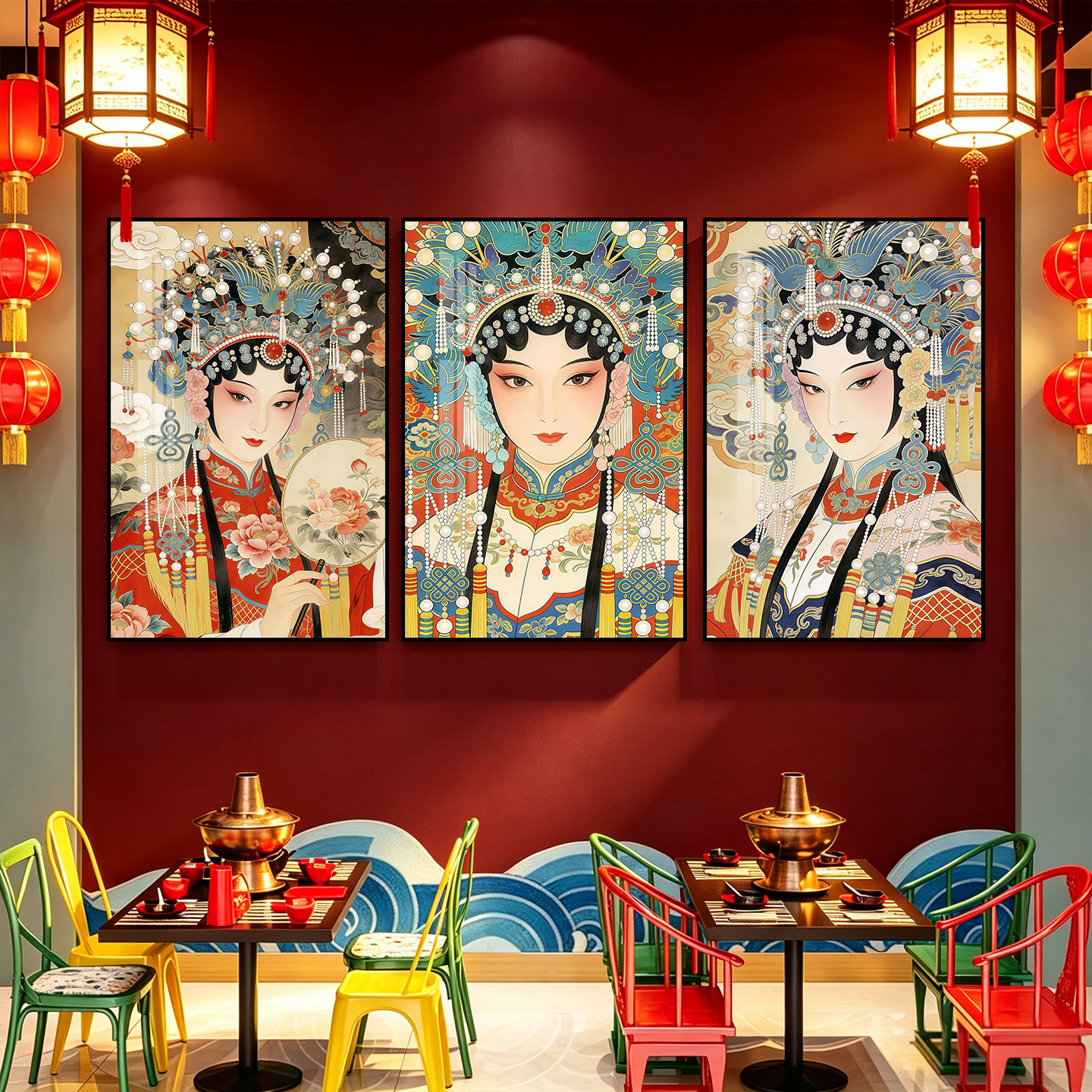 国潮火锅店川菜馆京剧花旦装饰画中式餐厅挂画国粹戏剧人物壁画