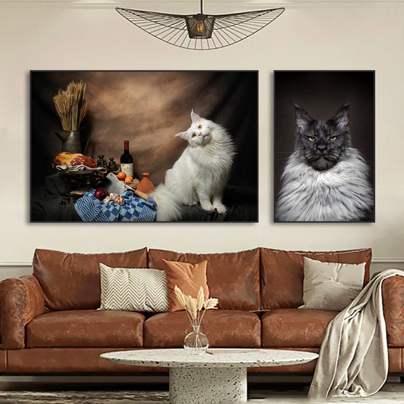 猫咪装饰画美式猫舍宠物店缅因猫挂画猫咖店宠物店直播间白猫壁画