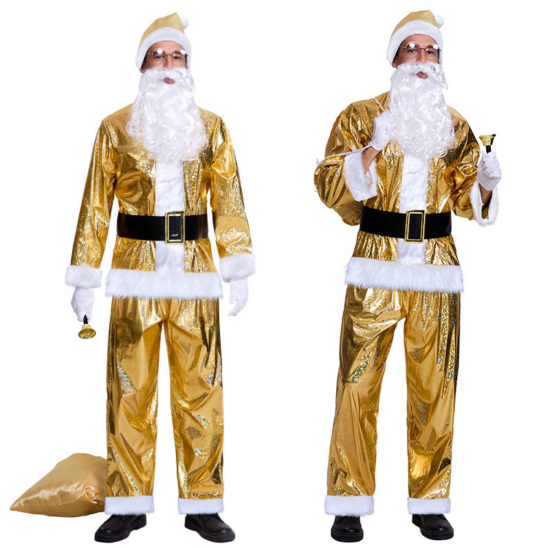 现货2025年跨境金色圣诞老人服装圣诞节衣服成人男款演出派对套装
