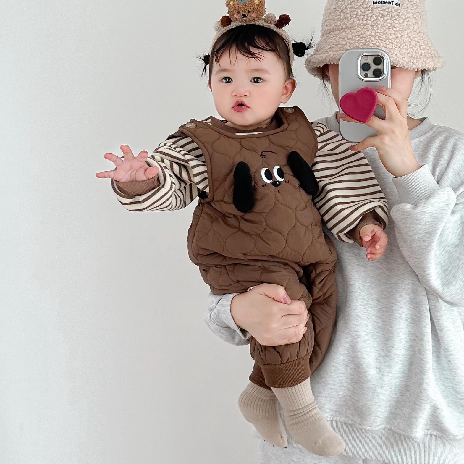 儿童冬季背带裤套装男女童超萌夹棉加厚连体衣加绒条纹卫衣两件套