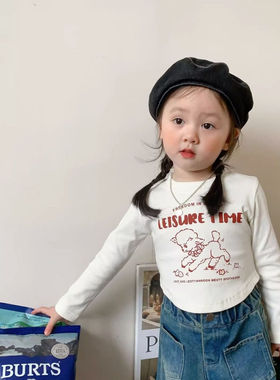 2023秋女童短款长袖白色T恤洋气修身女宝宝中小童印花弹力上衣ins
