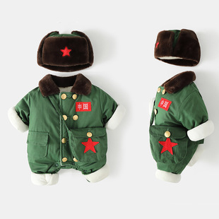 婴儿衣服冬装加绒保暖军装满月宝宝小红军连体棉衣周岁军大衣爬服