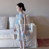 女童连衣裙2024夏韩版 女童宝宝梦幻蓝色涂鸭背心裙可爱卡通娃娃裙