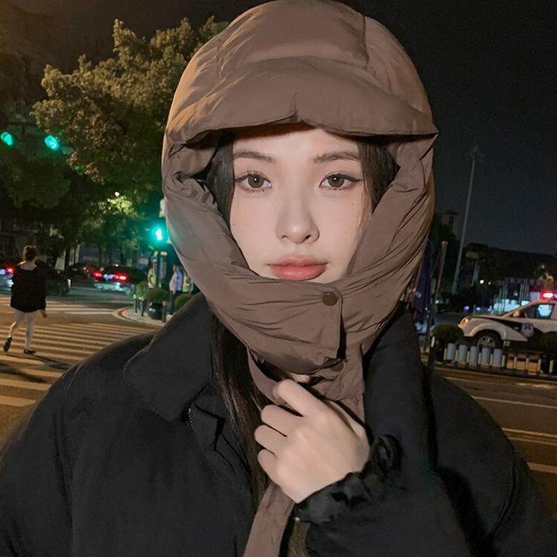 羽绒雷锋帽子女冬季新款防寒加厚护耳包头帽围脖一体帽东北防风帽