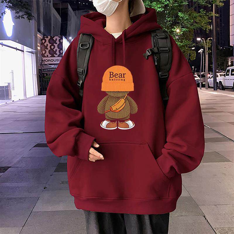 美式连帽卫衣男早春薄款宽松国潮牌青少年酒红色秋冬加绒加厚帽衫