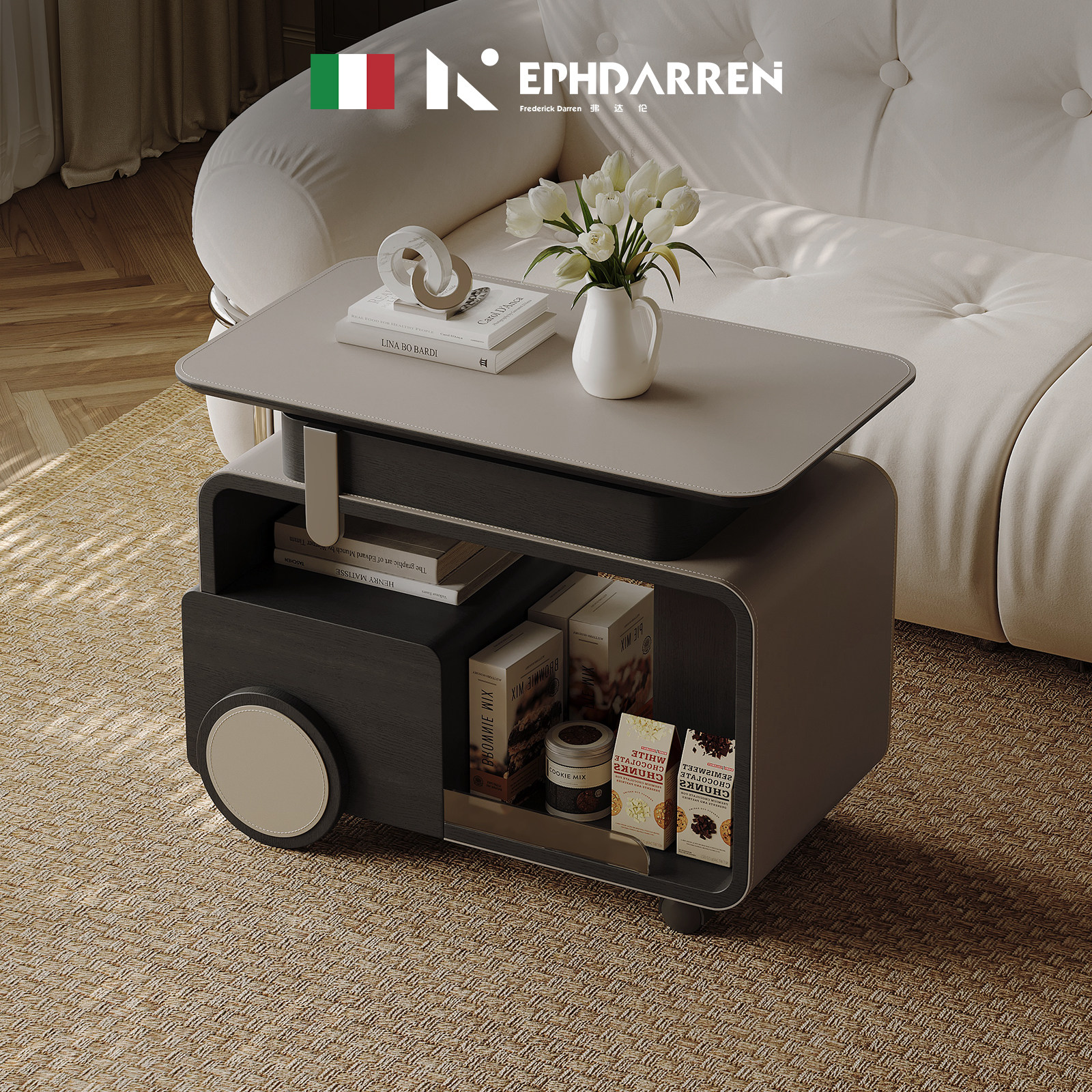 意式极简小推车边几可移动升降旋转马鞍皮储物客厅设计师沙发边桌,住宅家具,移动边几/推车,淘宝优惠券,粉丝福利购,淘宝优惠卷