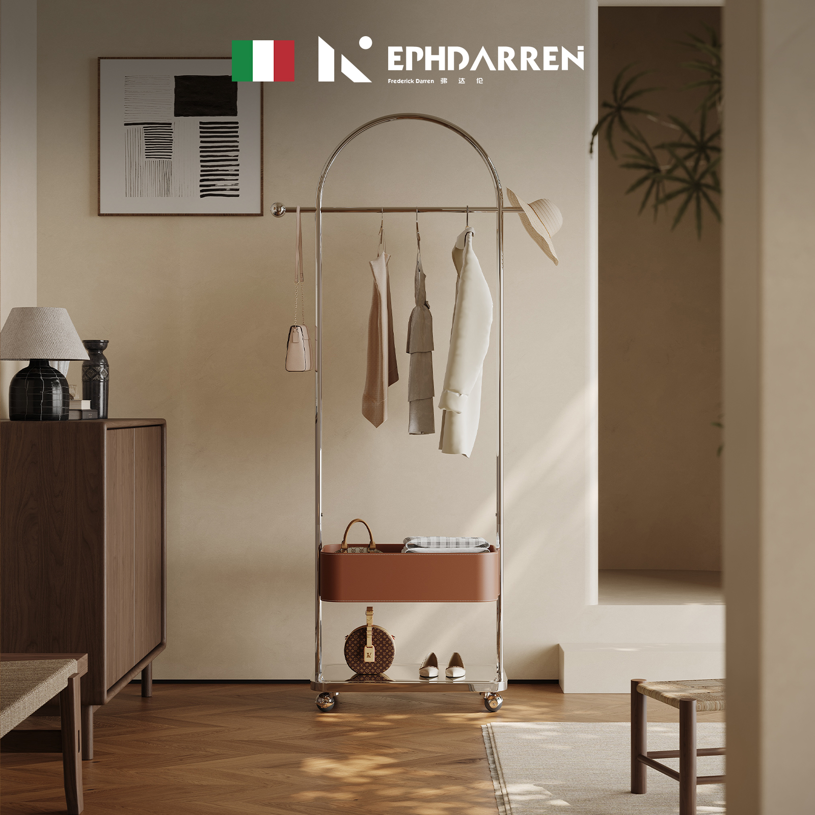 中古风移动衣帽架全身镜一体马鞍皮不锈钢卧室落地玄关家用挂衣架