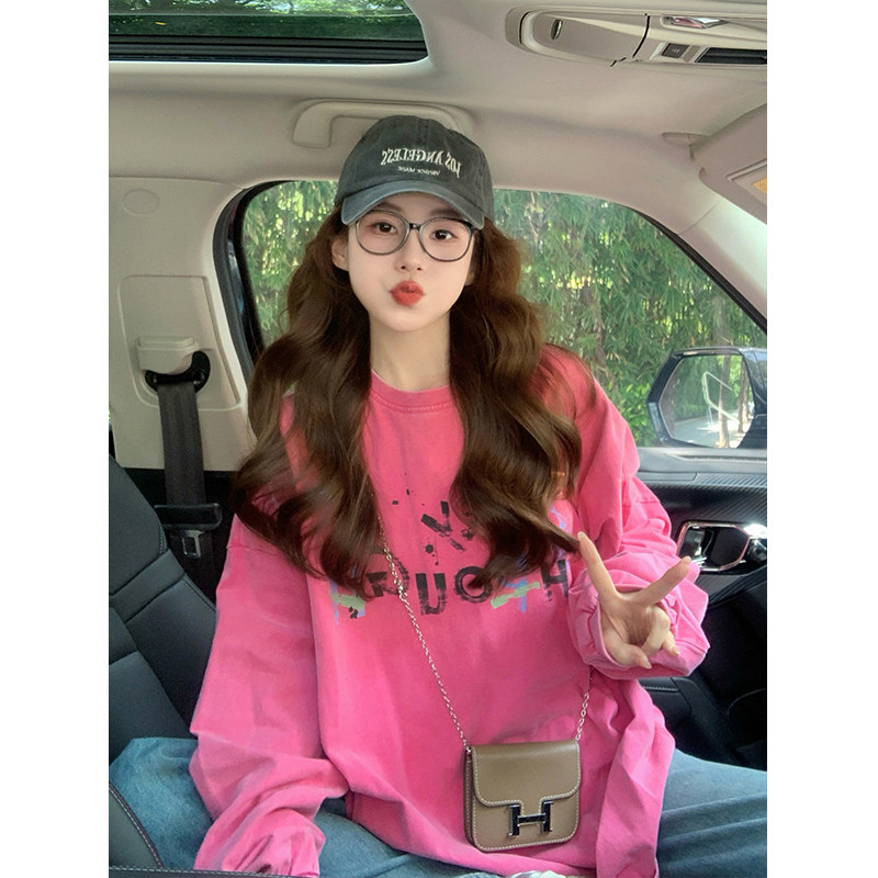 thumbnail for Rose red long-sleeved T-shirt women's 2025 new spring and autumn American letter casual design trendy brand loose top